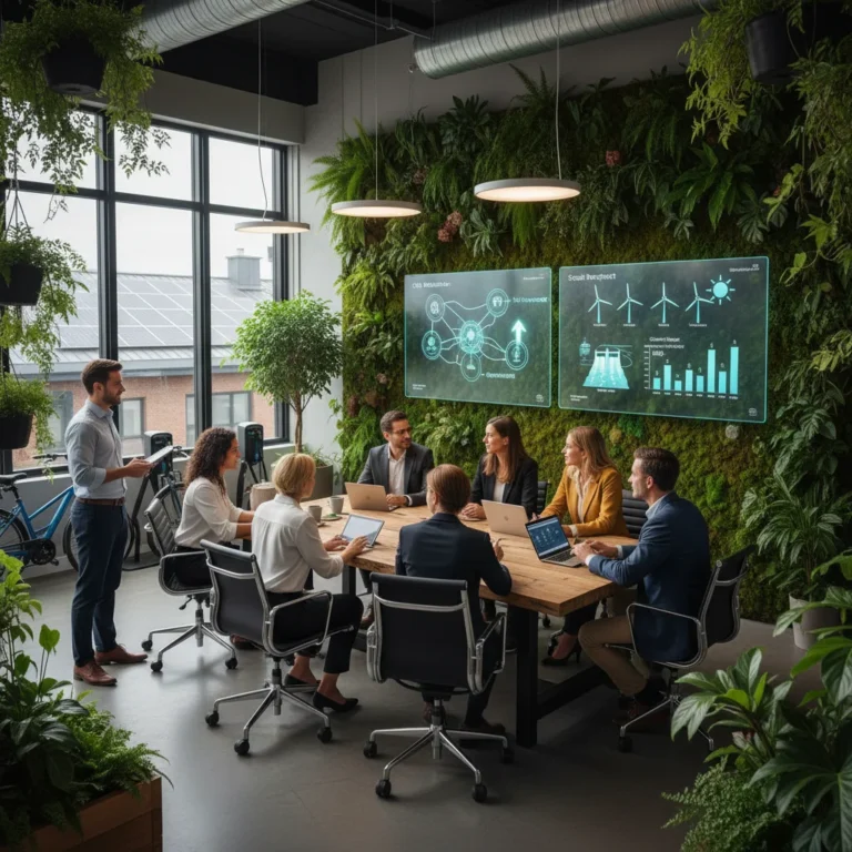 Professionals collaborating on sustainable business strategies in a modern green office.
