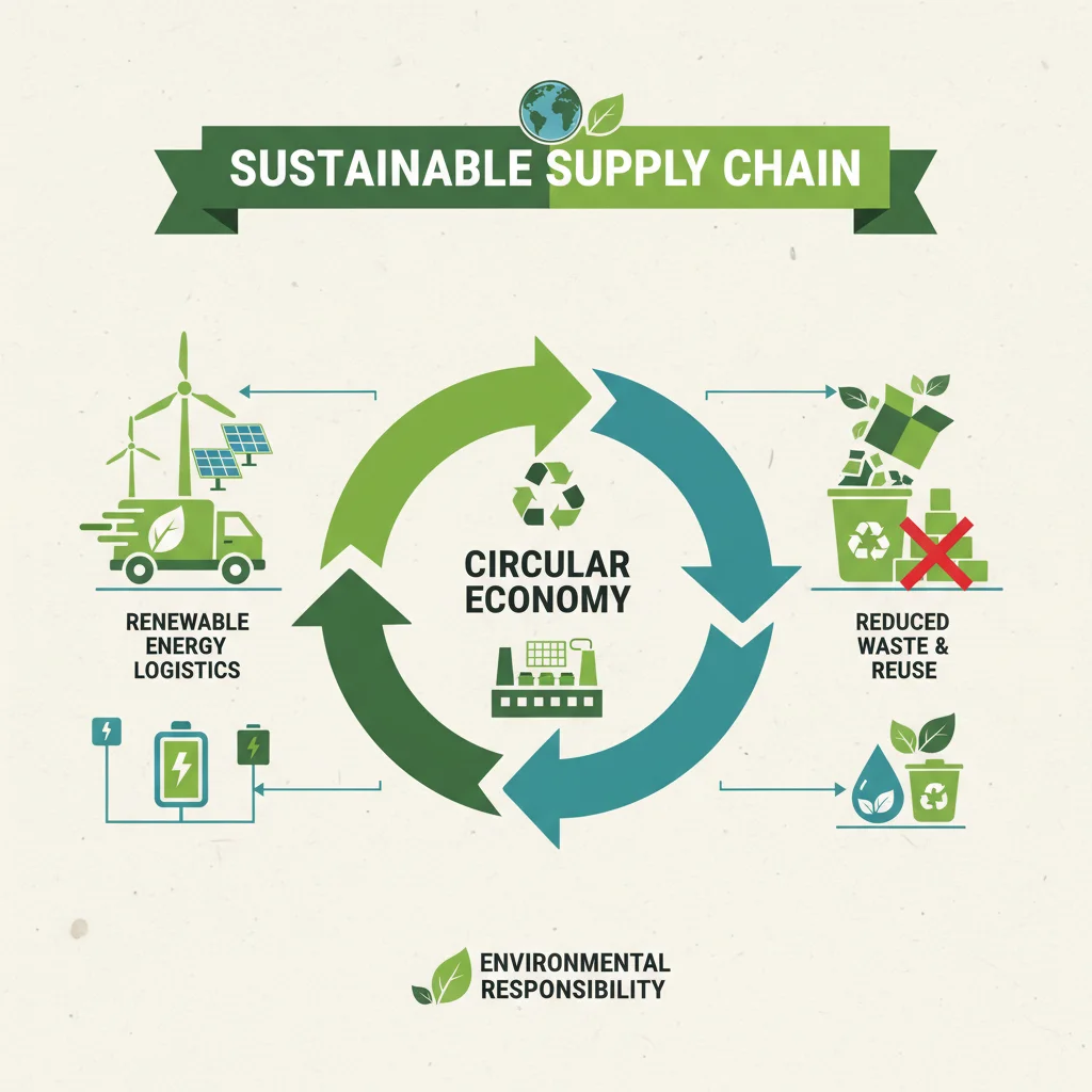 Infographic depicting sustainable supply chain practices, including circular economy, renewable energy, and waste reduction.