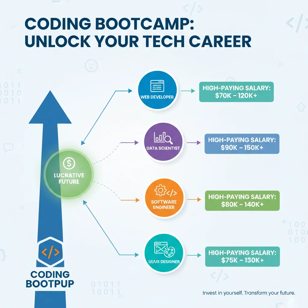 Infographic showing diverse tech career paths and potential salaries after coding bootcamp.