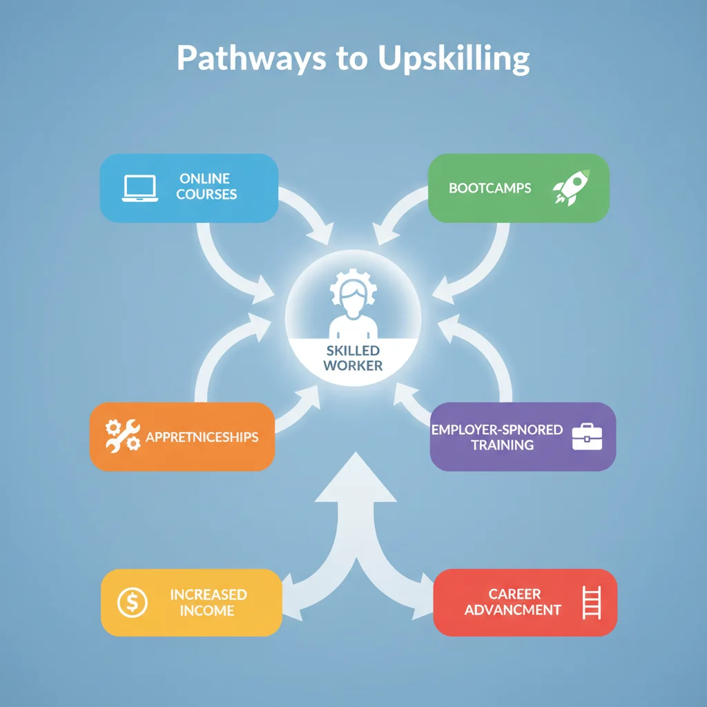 Infographic showing various upskilling pathways leading to career advancement and higher income.