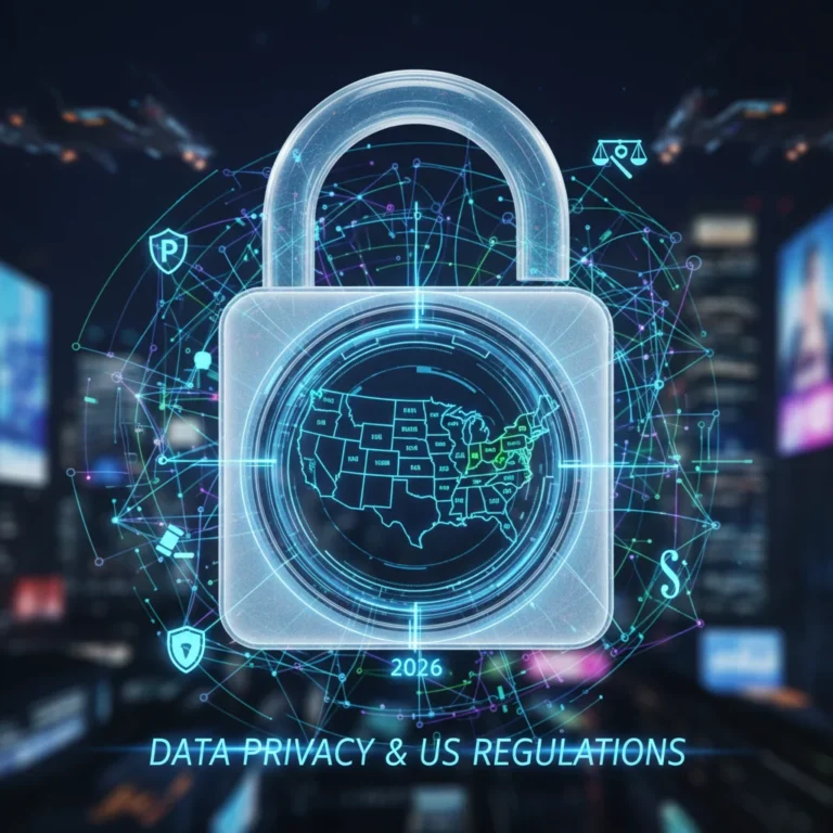 Digital padlock over US map symbolizing data privacy regulations for US tech companies in 2026.