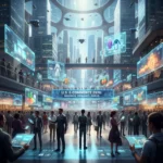 Futuristic U.S. e-commerce landscape with holographic displays and diverse shoppers.