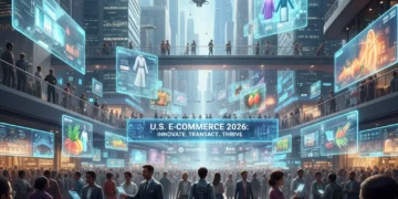 Futuristic U.S. e-commerce landscape with holographic displays and diverse shoppers.