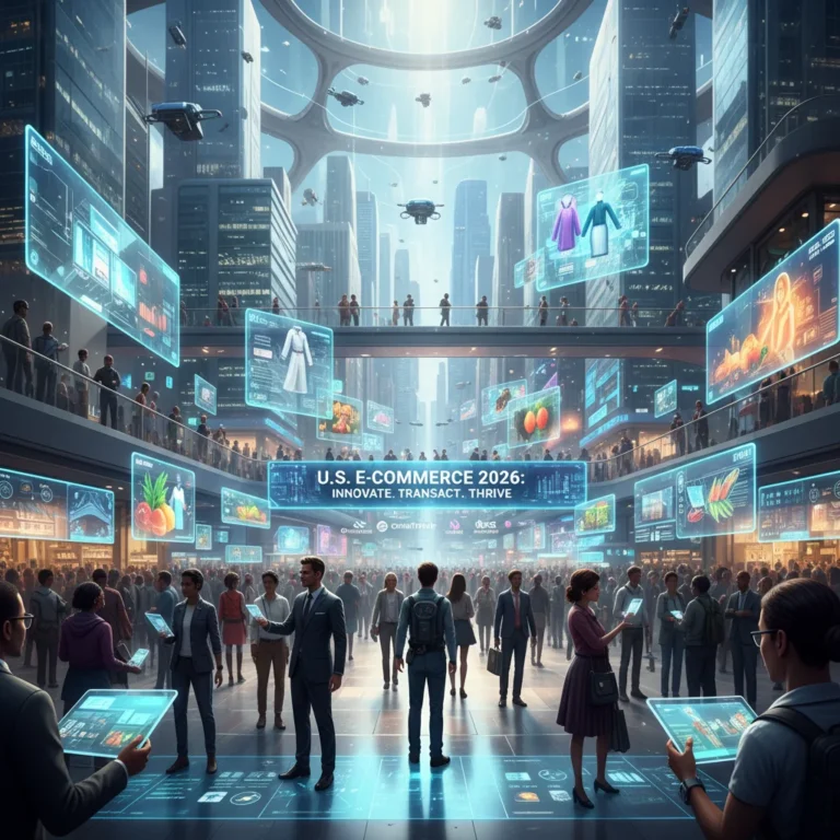 Futuristic U.S. e-commerce landscape with holographic displays and diverse shoppers.