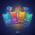Mastering Skills: Top 4 US Educational Apps 2026 Four US-based educational apps displayed on mobile screens, representing future learning.