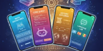 Four US-based educational apps displayed on mobile screens, representing future learning.