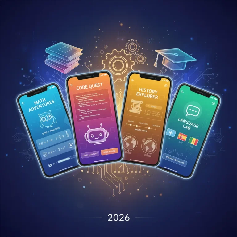 Four US-based educational apps displayed on mobile screens, representing future learning.