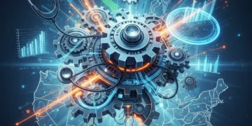 Illustration of US healthcare system with policy gears and tech circuits