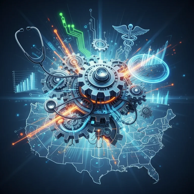 Illustration of US healthcare system with policy gears and tech circuits