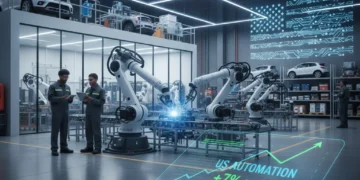 Modern US manufacturing facility with robots and humans, symbolizing automation growth
