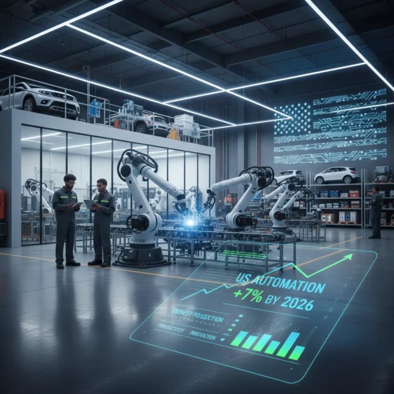 Modern US manufacturing facility with robots and humans, symbolizing automation growth