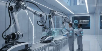 Robotic arms and human workers collaborating in a modern US manufacturing plant, symbolizing automation and reskilling in 2026.