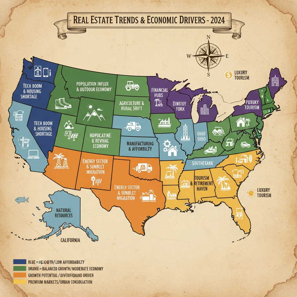 US map showing regional real estate trend impacts and economic drivers