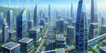 Modern cityscape powered by diverse US renewable energy sources, symbolizing innovation and sustainable growth.