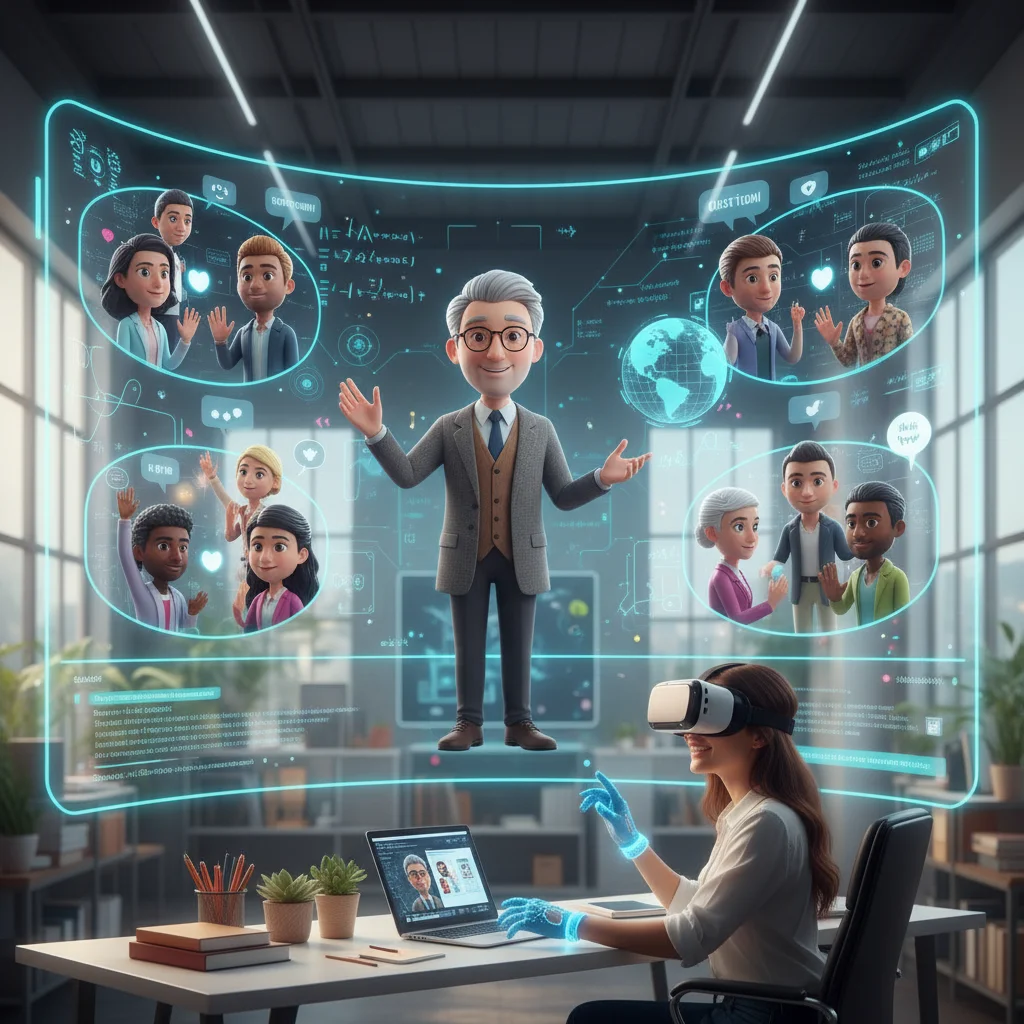 Virtual classroom with diverse student avatars and professor, showing online course interaction