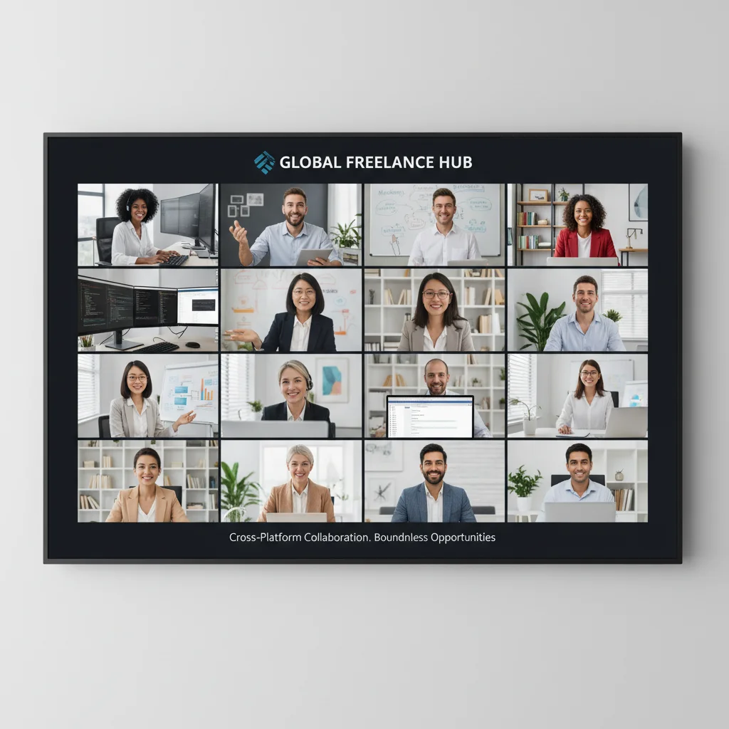 Diverse US professionals collaborating virtually on a high-paying gig project, symbolizing remote teamwork and global opportunities.