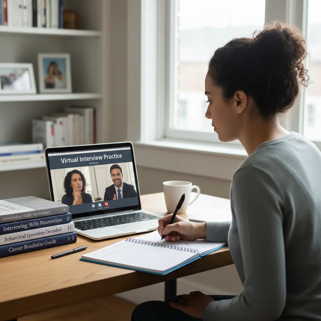 Person preparing for a virtual job interview with notes and laptop