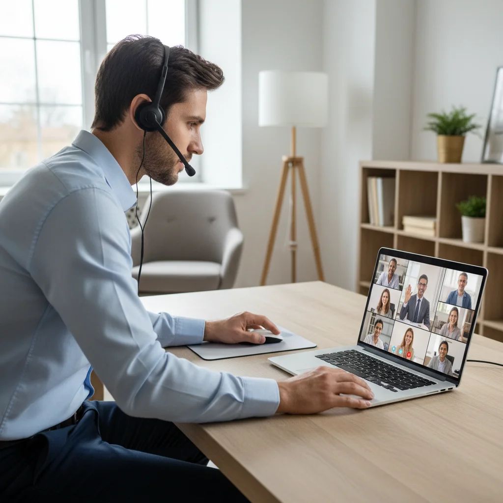 Professional actively engaging in a virtual networking event on a laptop, showing multiple video participants.
