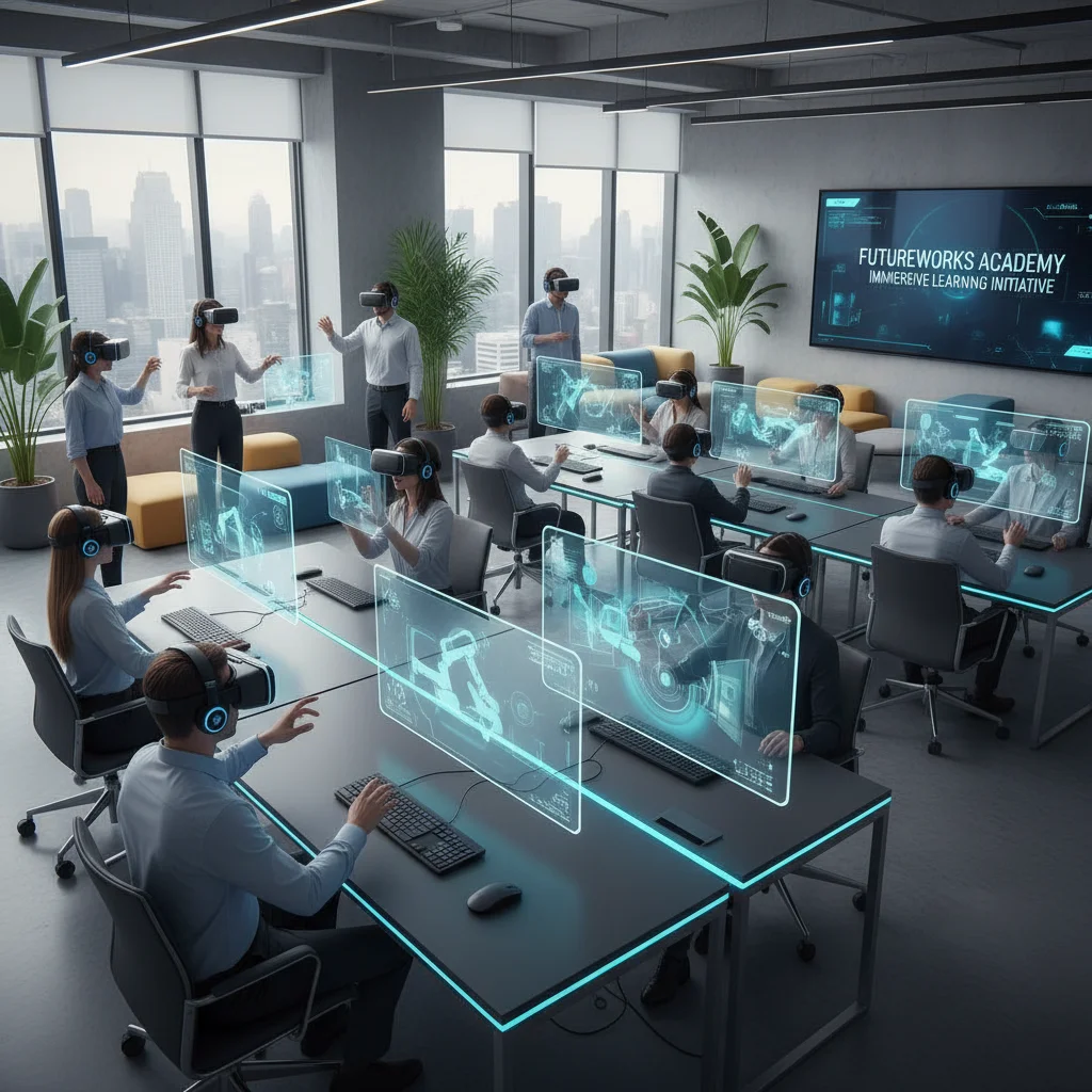 Employees using VR headsets for immersive virtual reality training, highlighting advanced learning technologies.