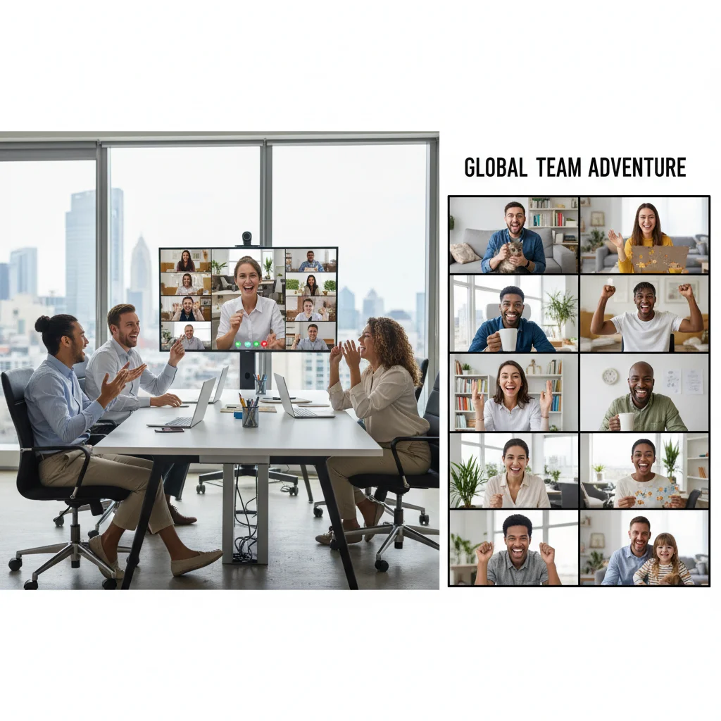 Team members participating in a virtual team-building activity, fostering connection in a remote environment.