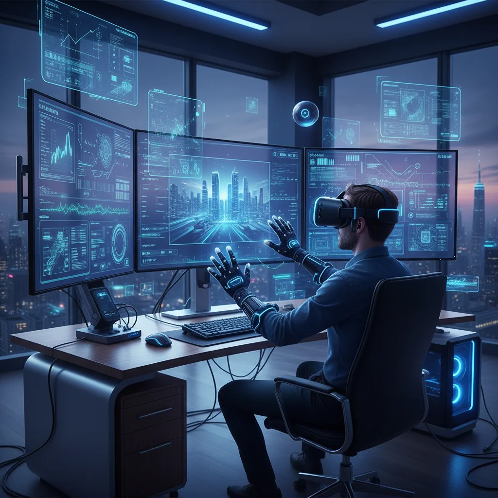 Professional using virtual reality and AI tools at a modern workstation