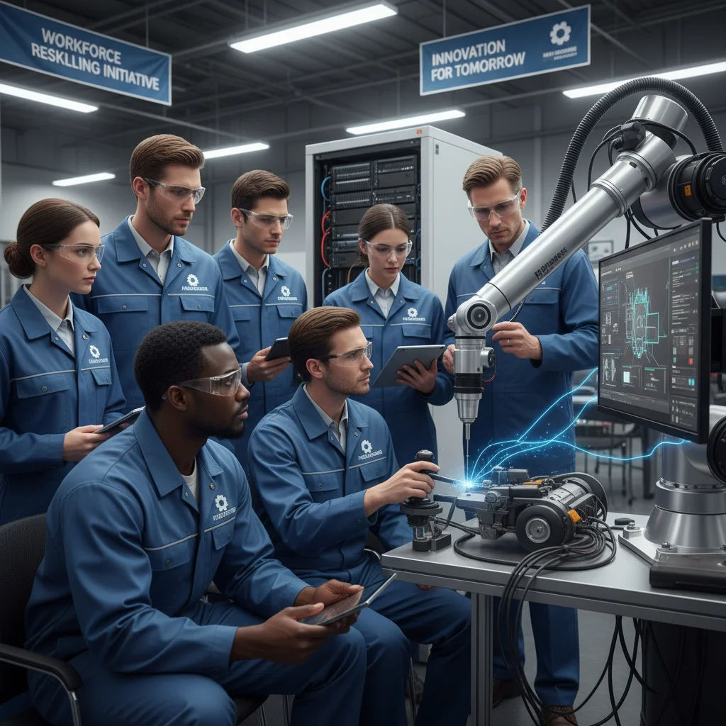 Manufacturing workers engaged in a reskilling program, learning new technologies for future industry demands.