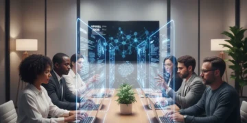 Professionals learning with AI platforms in a modern office setting