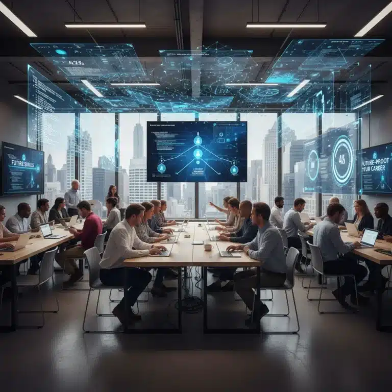 Professionals learning AI skills in a modern collaborative environment