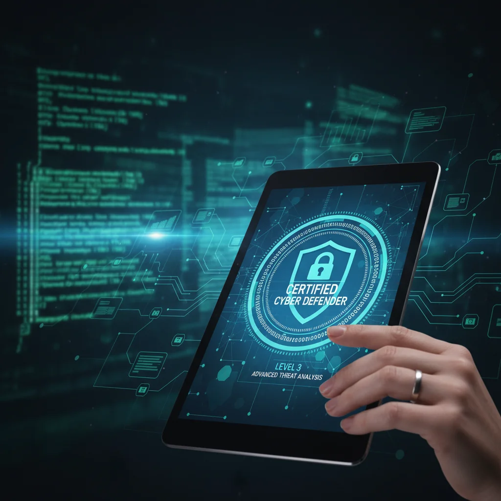 Cybersecurity professional with CISM certification on tablet