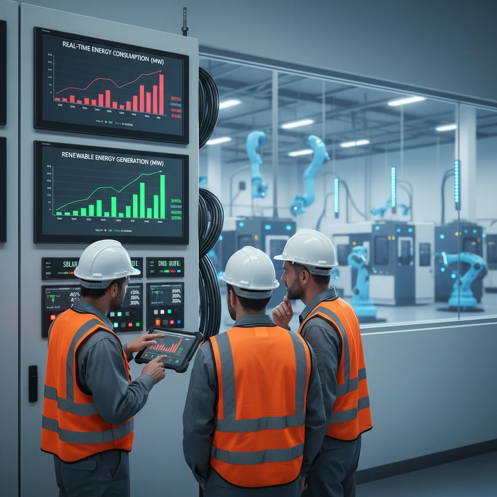 Engineers monitoring renewable energy integration in industrial facility