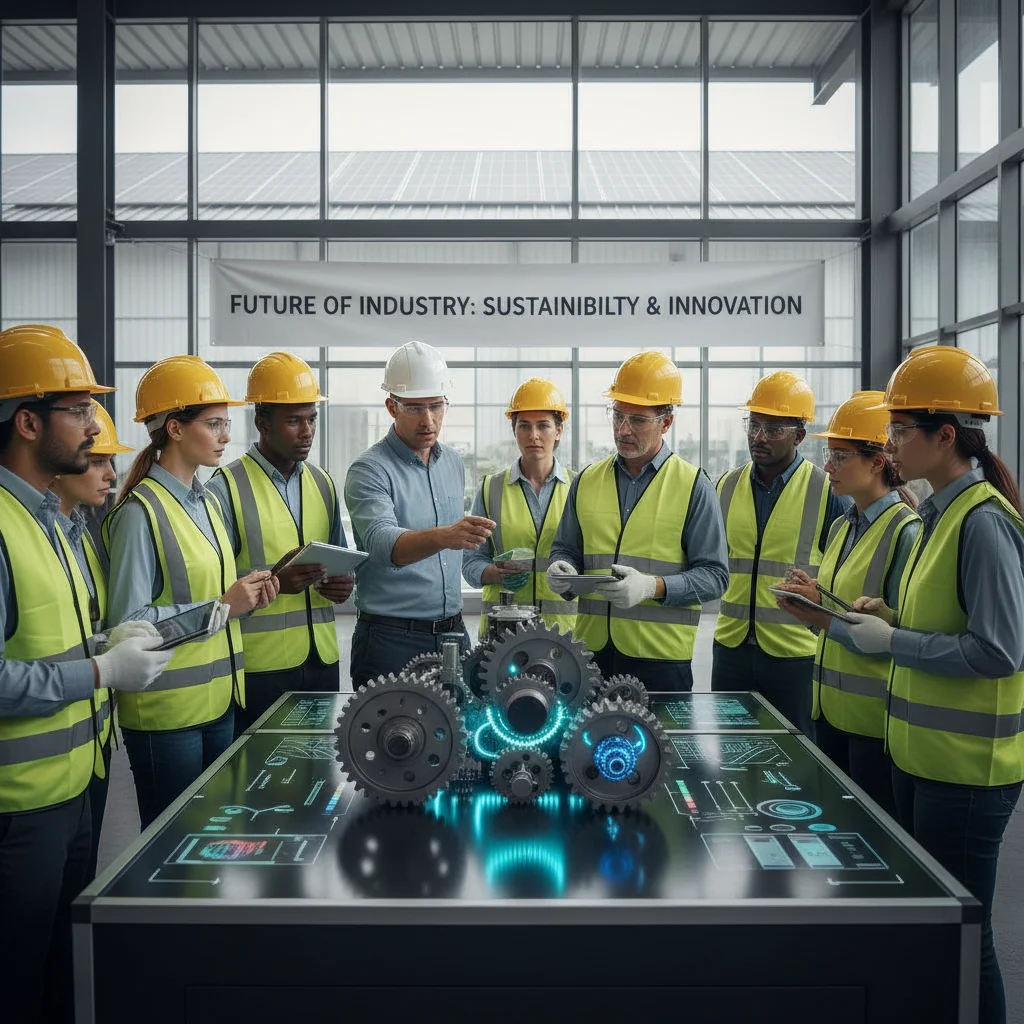 Factory workers training on energy-efficient industrial equipment