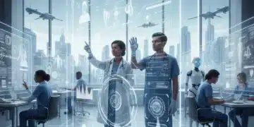 Futuristic healthcare professionals analyze data with AI and connected devices, representing US healthcare innovation trends.