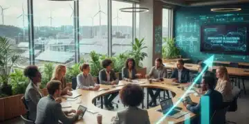 Professionals collaborating in a green economy office with renewable energy visuals