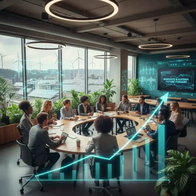 Professionals collaborating in a green economy office with renewable energy visuals