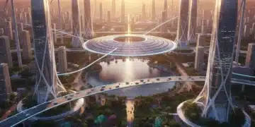 Futuristic city powered by green energy, symbolizing sustainable investment and technological advancement in the US.