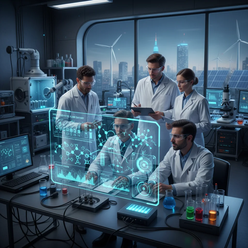 Scientists developing innovative green technology in a lab, focusing on sustainable energy solutions.