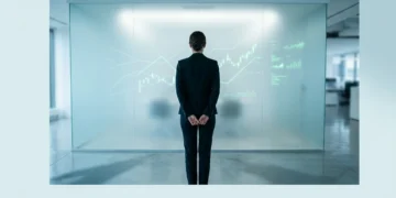 A professional woman observes dynamic, glowing green data lines on a frosted glass wall, symbolizing continuous market insights and strategic foresight in a minimalist, modern office setting.