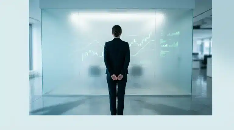 A professional woman observes dynamic, glowing green data lines on a frosted glass wall, symbolizing continuous market insights and strategic foresight in a minimalist, modern office setting.
