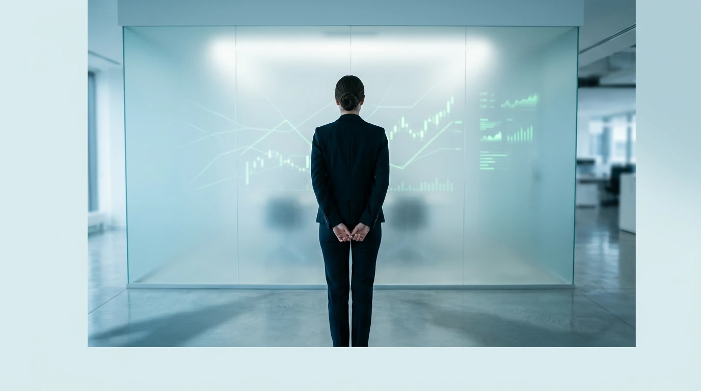 A professional woman observes dynamic, glowing green data lines on a frosted glass wall, symbolizing continuous market insights and strategic foresight in a minimalist, modern office setting.