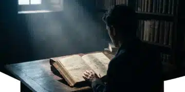 A person viewed from behind, silhouetted, contemplating an antique leather-bound book on a dark wooden table, illuminated by a single beam of dramatic light, symbolizing continuous learning and deep analysis.