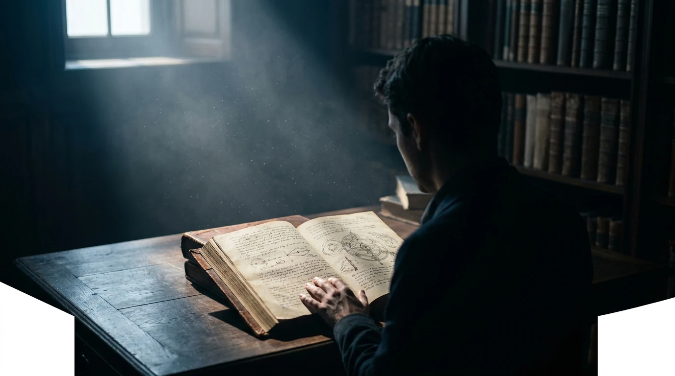 A person viewed from behind, silhouetted, contemplating an antique leather-bound book on a dark wooden table, illuminated by a single beam of dramatic light, symbolizing continuous learning and deep analysis.