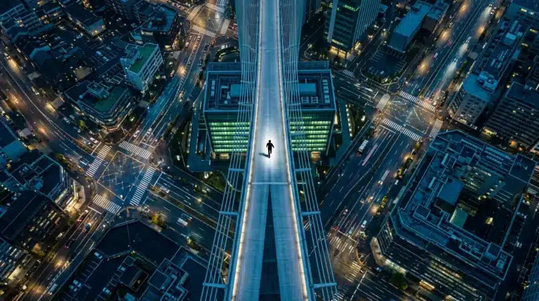 Aerial view of a city at twilight with illuminated streets forming geometric patterns, a lone person walking on a bridge, symbolizing business intelligence and strategic growth.