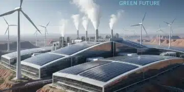 Industrial complex powered by renewable energy, solar panels, wind turbines, clean energy