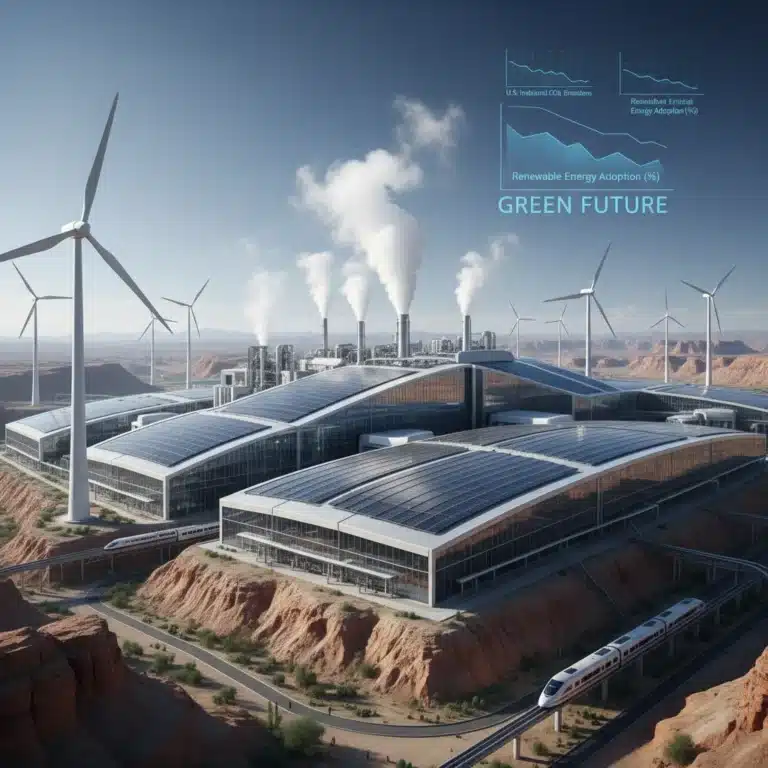 Industrial complex powered by renewable energy, solar panels, wind turbines, clean energy