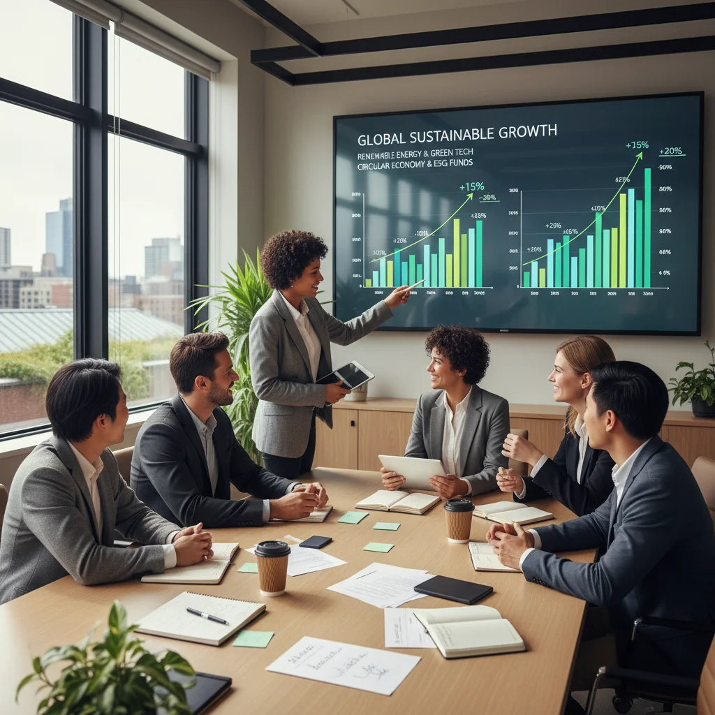 Business professionals analyzing green technology investment data and market growth projections in a meeting.