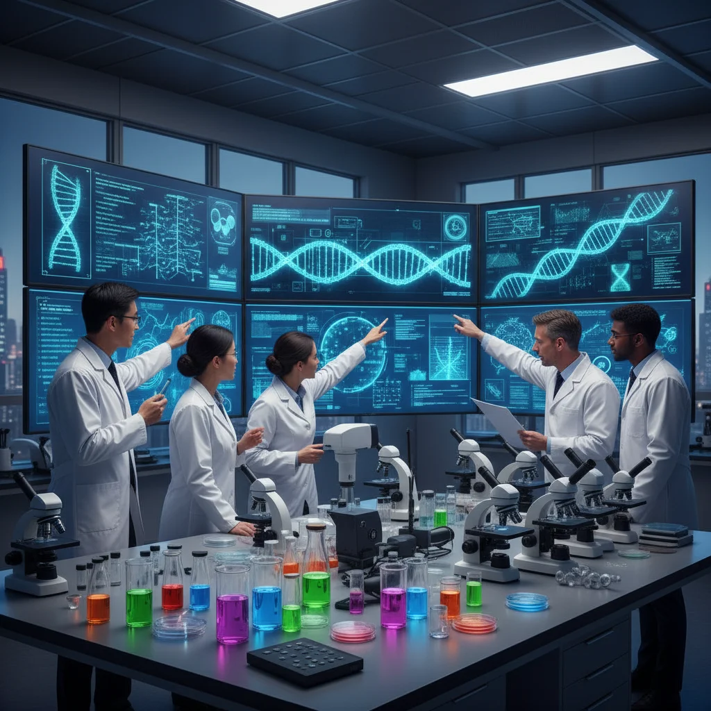 Researchers analyze genomic data in a lab, symbolizing personalized medicine and precision therapies.