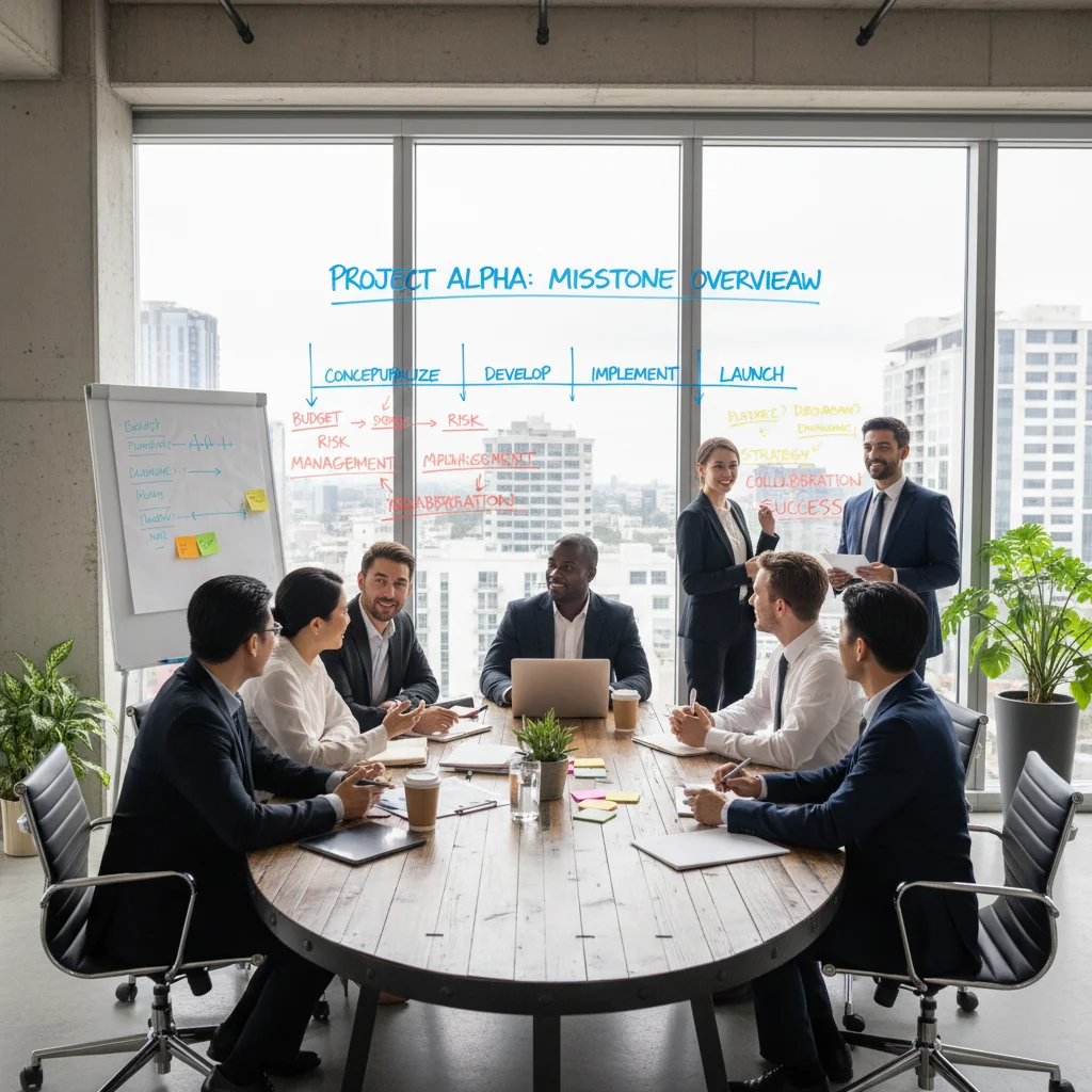 Project management team collaborating on a PMP certified project