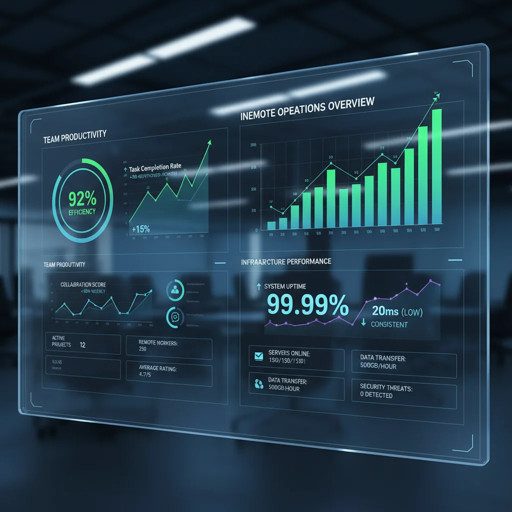 Performance dashboard showing remote team productivity and infrastructure efficiency KPIs.