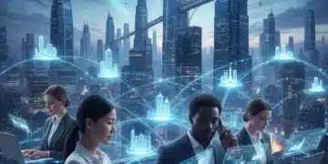 Professionals collaborating remotely with advanced technology and seamless digital connections.