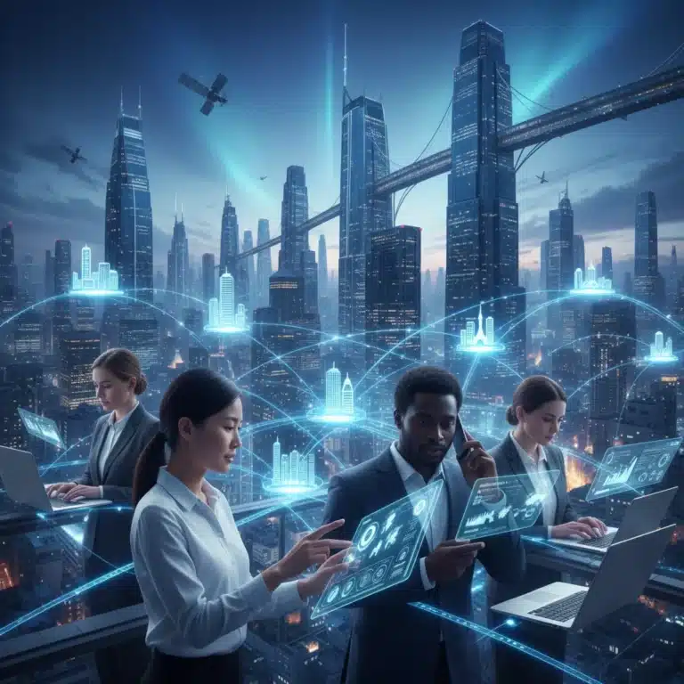 Professionals collaborating remotely with advanced technology and seamless digital connections.